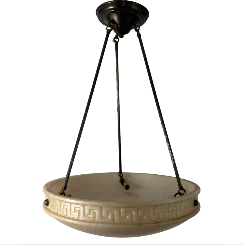 "Urban Archaeology"  Alabaster Bowl 3 Rod Chandelier Greek Key Detail, Sku: 033238