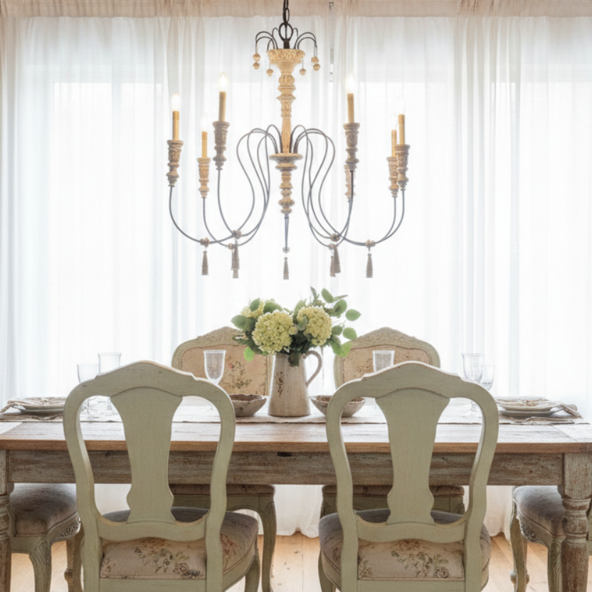 Currey & Company Large Chandelier, 8-Arm, Carved Wood, Iron Structure, sku: 033487