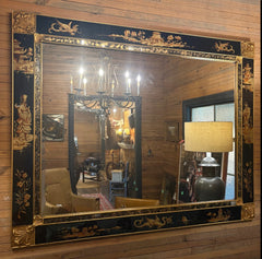 Chinoiserie Rectangular Mirror, Reverse Painted Glass Featuring Figures, Pagodas and Dragons in Gold and Black Color Scheme, Sku 033531