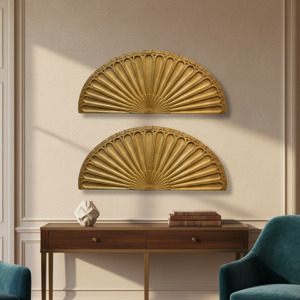 Pair of Architectural Antique Decorative Sunburst, Solid Wood Painted Pale Gold, sku: 033620