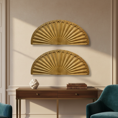 Pair of Architectural Antique Decorative Sunburst, Solid Wood Painted Pale Gold, sku: 033620