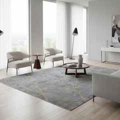Cyrus Rug, Made in India, Wool, Bamboo, Silk, Abstract Pattern, Colors:  Blue, Grey, Gold, Sku: 033466