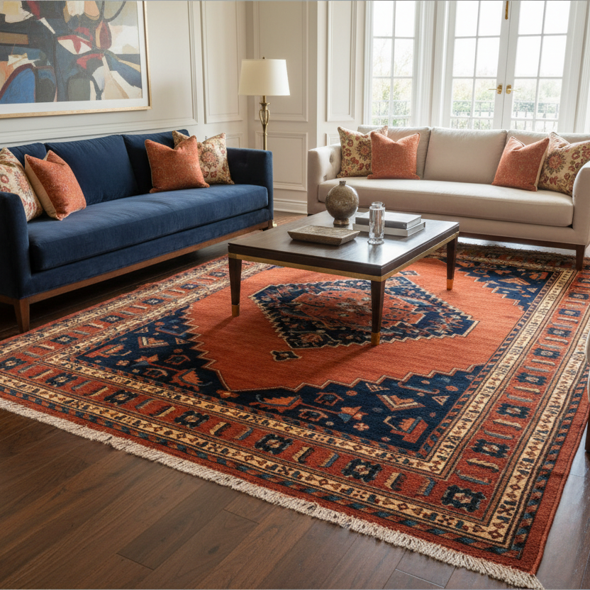 Hand Knotted Wool Rug, Origin Unknown, Rust and Navy, Central Diamond, Sku 033463
