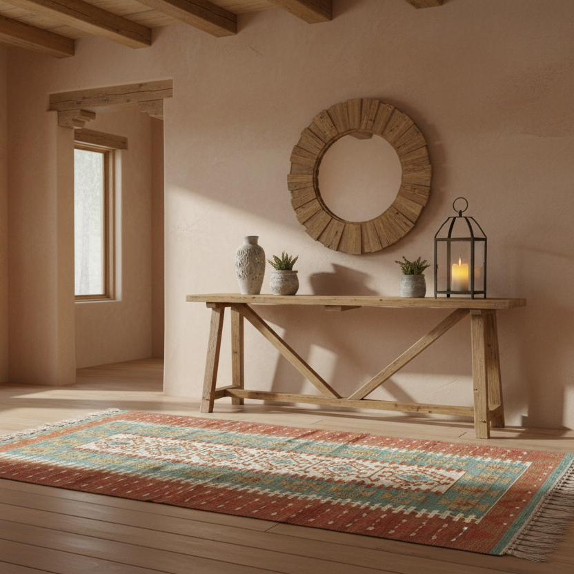 Kilim, Wool in Terracotta, Cream, Aqua, Sea Foam Green, Medium Size, Sku: 033438