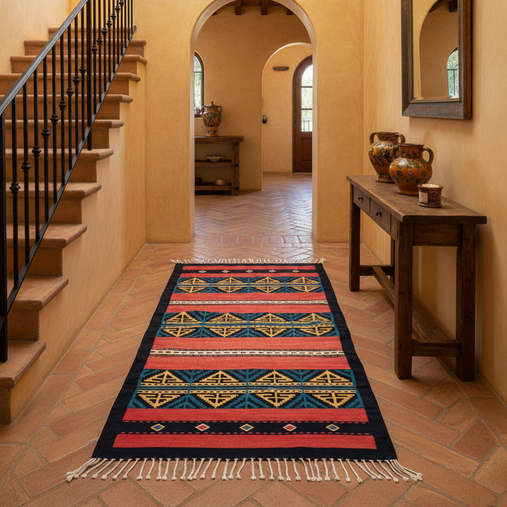 Mexican Indian Wool Area Rug, 100% Wool, Hand Crafted, Black, Green, Brick Red, Yellow, Sku: 033417