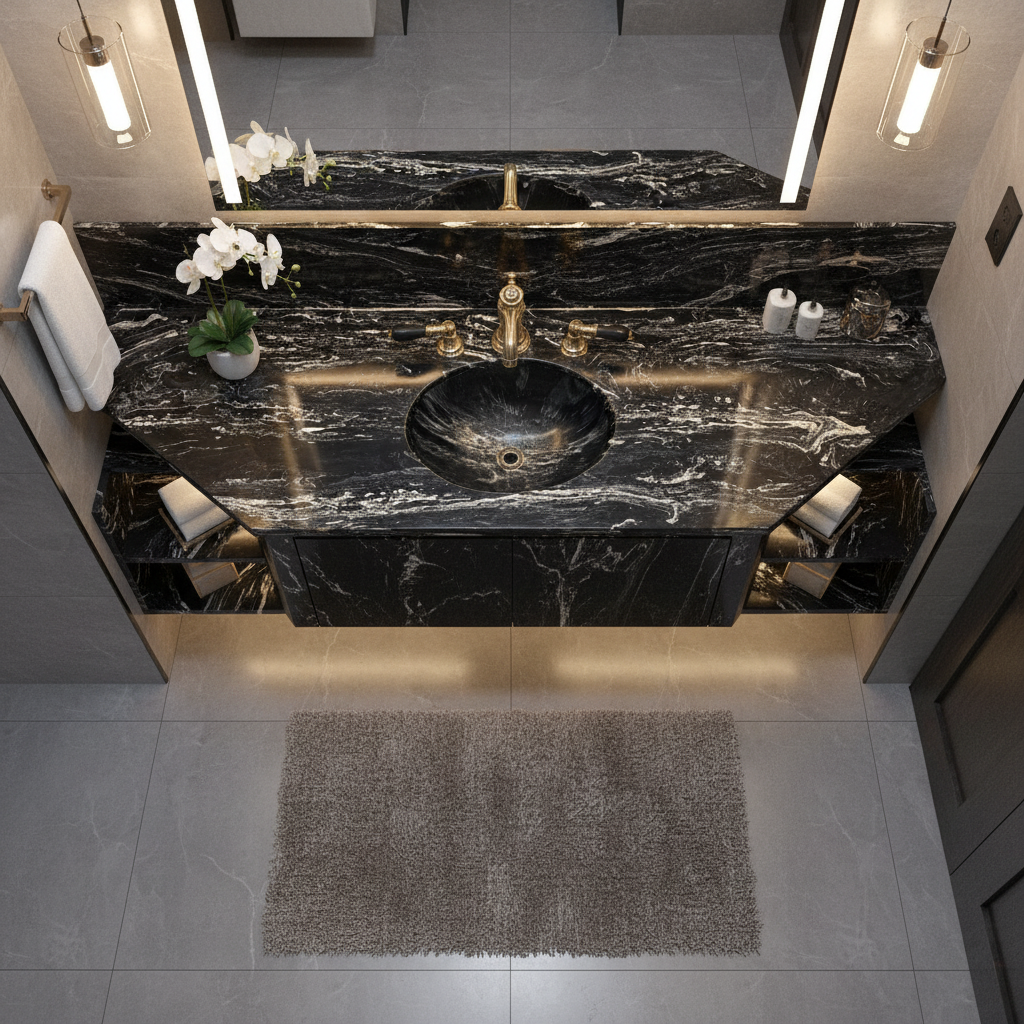 Black & White Vintage Cultured Marble Countertop, Sink, Sherle Wagner Faucet, Sku 033665