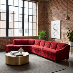 Vintage Sculpted Velvet Black & Red Floral Pattern Two-Piece Sectional Serpentine Shape, Turned Feet, Sku 033667