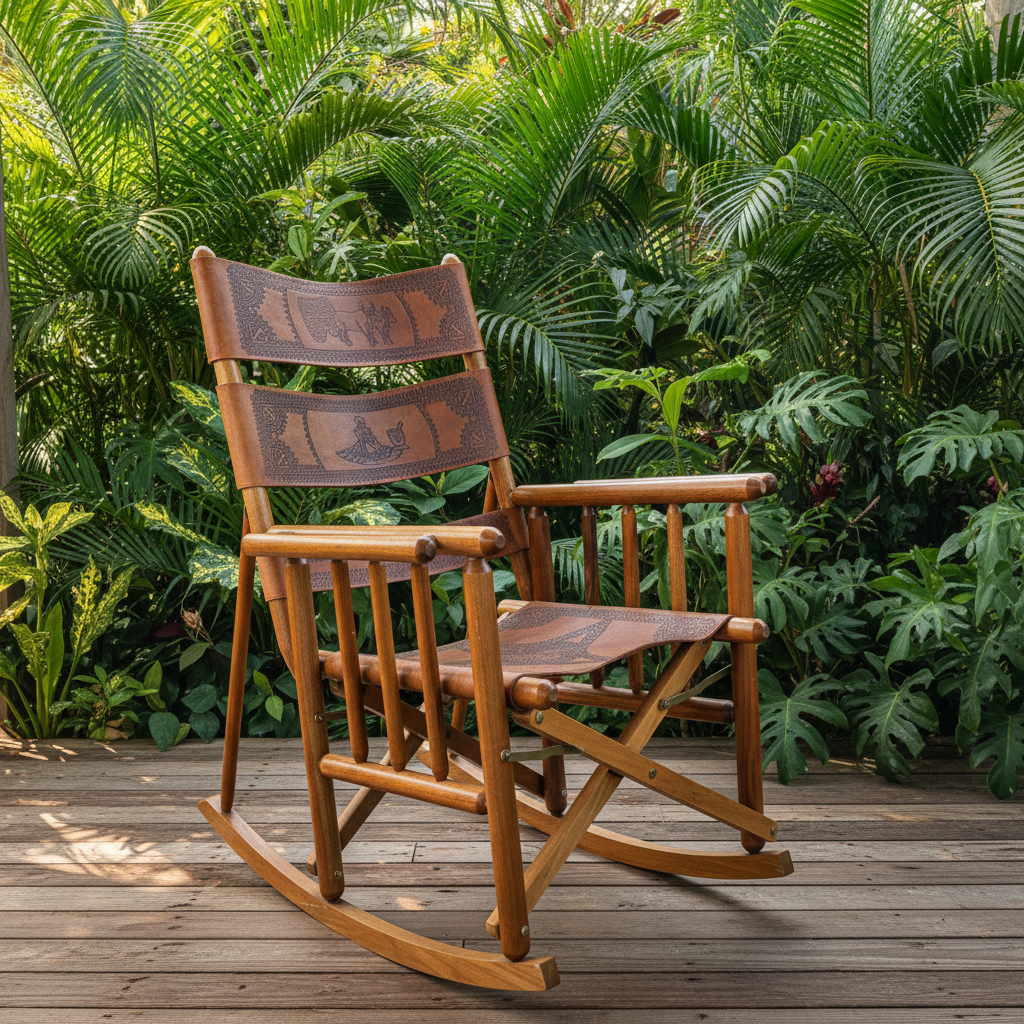 Vintage Costa Rican Teak and Embossed Leather Rocking Chair, Foldable, Sku: 033669
