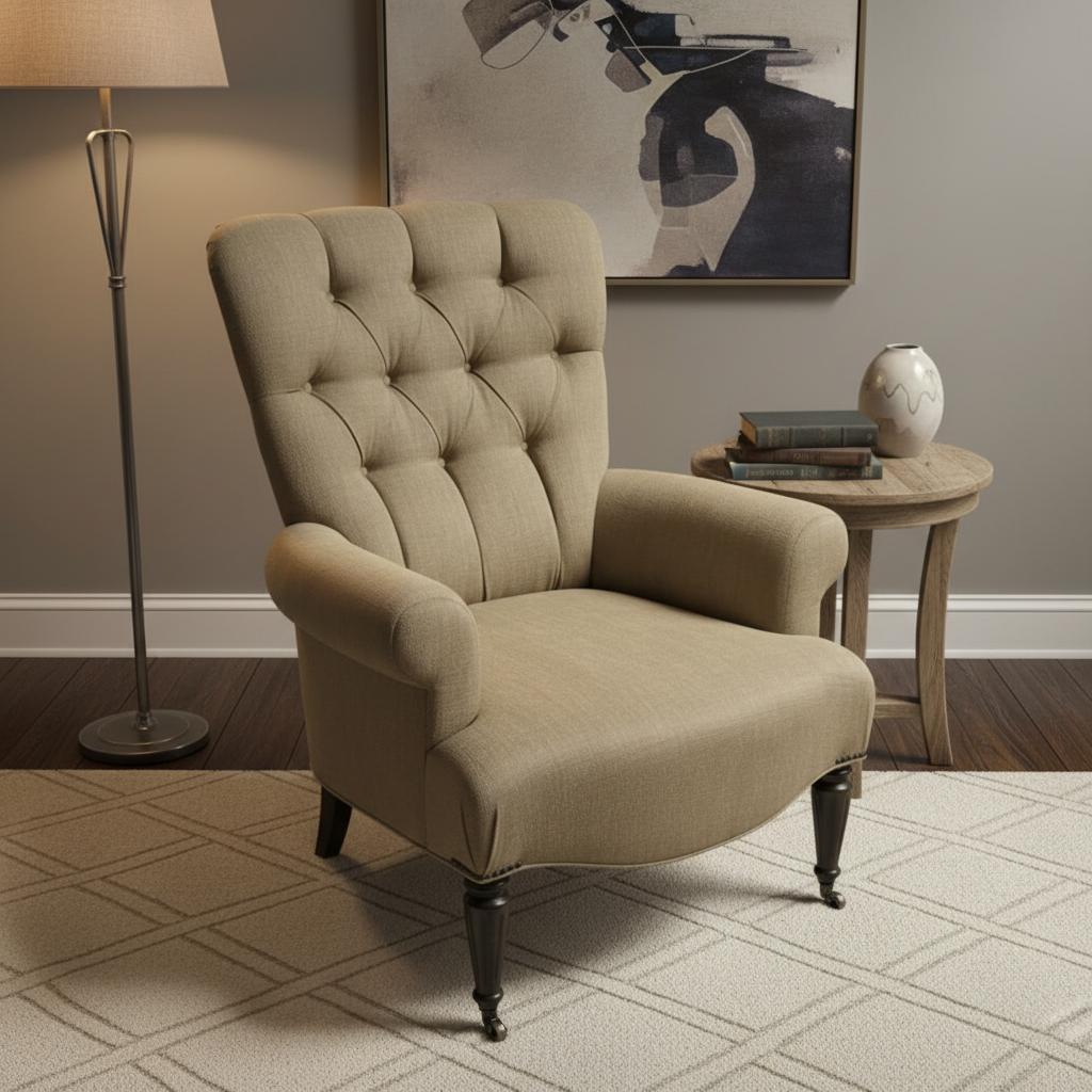 Parker Knoll Edward Armchair with Tufted back Rolled Arms and Casters on Front Legs, Tan Linen Upholstery, Sku 033673