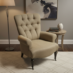 Parker Knoll Edward Armchair with Tufted back Rolled Arms and Casters on Front Legs, Tan Linen Upholstery, Sku 033673