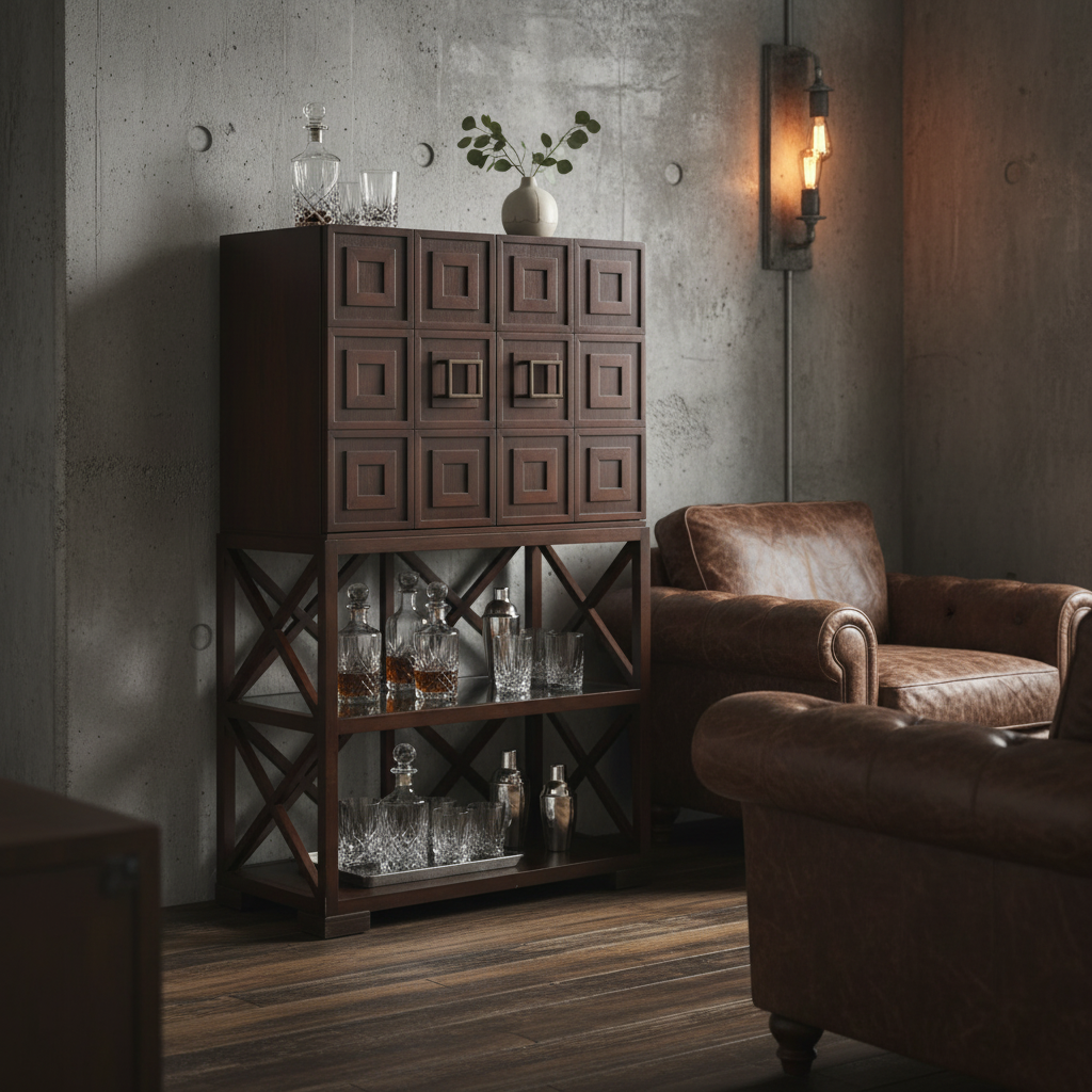 Contemporary Bar Cabinet, Dark Wood with Halogen Interior Light, Sku 033372