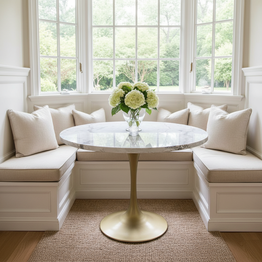 Tulip Table with Steel Matte Brass Base, Cream, Gray Engineered Quartz Top, Sku 033706