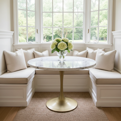 Tulip Table with Steel Matte Brass Base, Cream, Gray Engineered Quartz Top, Sku 033706