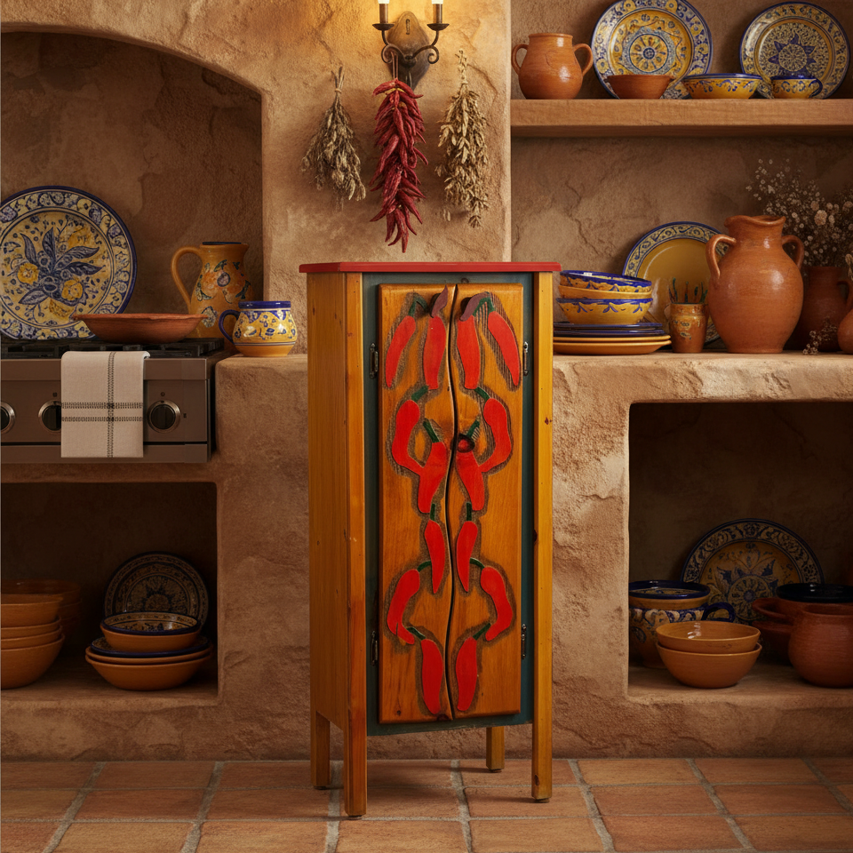 Cabinet, Pinewood, Red Chili Pepper Painted Front, Narrow, Four Shelves, Sku: 033338