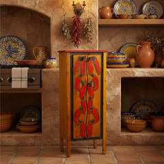 Cabinet, Pinewood, Red Chili Pepper Painted Front, Narrow, Four Shelves, Sku: 033338