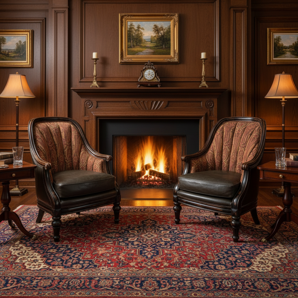 Pair of Vanguard Leather & Paisley Fabric Club Chairs w/ Nailhead Detail & Ebonized Finish, Sku 033715