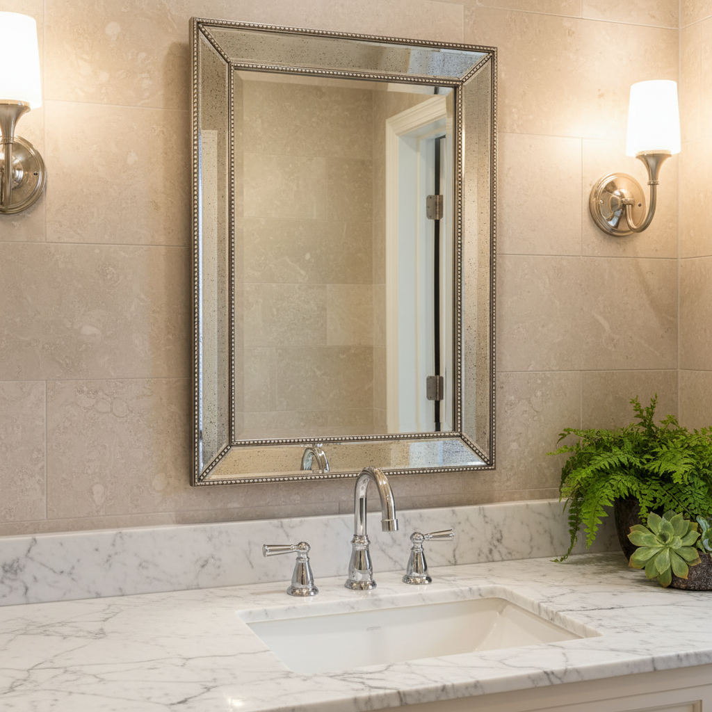 Rectangular Beveled Mirror, Beaded Edge, Antiqued Mirror Surround, Sku 033717