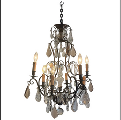 Antique French Six Arm Bronze & Crystal Chandelier w/ Clear & Mocha Colored Crystals, Sku 033733