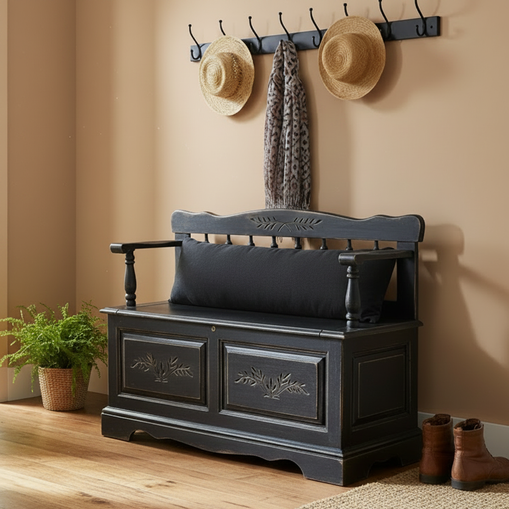 Athens Table Co. Colonial Style Oak Storage Bench, Distressed Finish, Sku: 033746