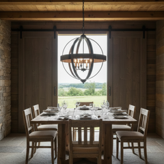 Pendant Light, 6 Candle Lights, Rustic Wood and Metal Globe, Sku 033761