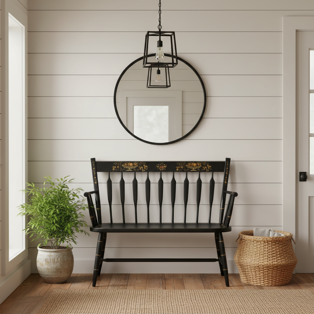Nichols and Stone Brand, Commemorating America's Bicentennial, Spindle Back Wood Bench, Black Painted Finish with Gold Accented Fruit and Leaf Motif, Sku 033769