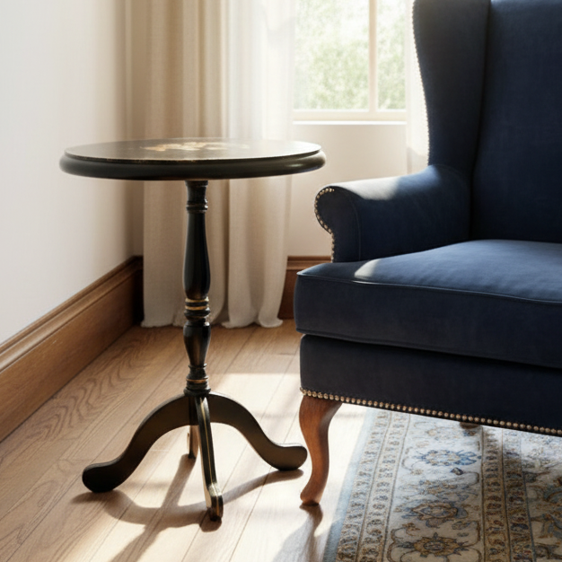 Lock 1976 Wood Tilt Top Table Quad-Leg Base Oval top with Hand Painted Fife and Drum Corps "Spirit of '76" Black Painted Finish, Sku 033768