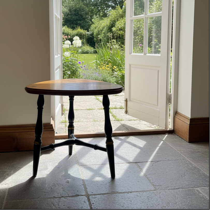 L. Hitchcock Brand Wood Tri Leg Stool Black, Gold and Natural Finish with Stencil Detail, Sku 033770