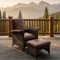 Restoration Hardware Deck Chair and Ottoman Dark Brown Wicker and Wood Arm Rests Cognac Leather Cushions Adjustable Pegs for Desired Reclining Position