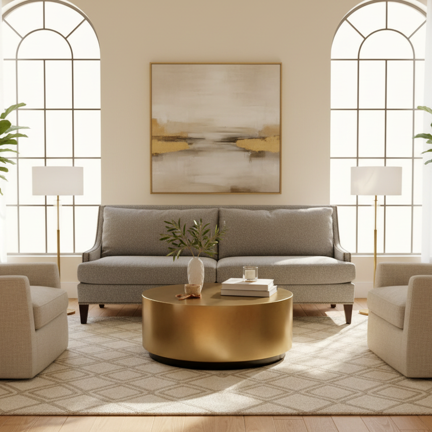 Lillian August Medium Gray Tweed Sofa w/ Wing Style Arms & Nailhead Trim, Sku 033785