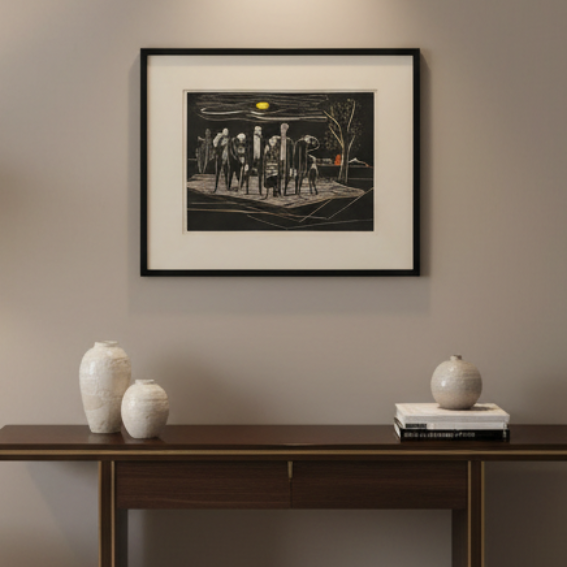 Original Woodcut of Mourners, Unsigned, Sku 033793