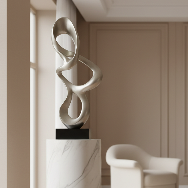 John Richard Resin Sculpture, Features Silver Tri-loop Design on Black Base, Sku 033797