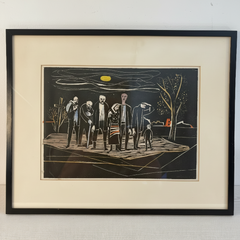 Original Woodcut of Mourners, Framed, Under Glass, Sku 033793