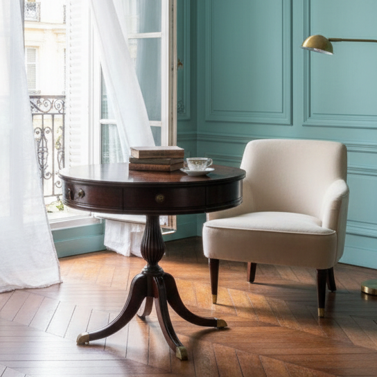 Mersman Quad Leg Pedestal Table with 1 Drawer, Book Matched Veneer & Feet Featuring Brass Caps, Sku 033802