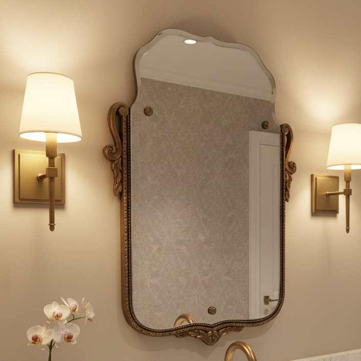Antique Mirror Beveled Edges 3/4 Frame Fancy Shape Features Three Decorative and Supportive Fasteners, Sku 033803