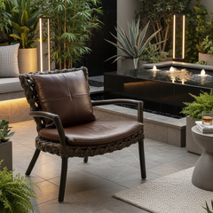 Palecek Arm Chairs Rattan and Woven Natural Material Loose Cushions in Supple Brown Leather, Sku 033804