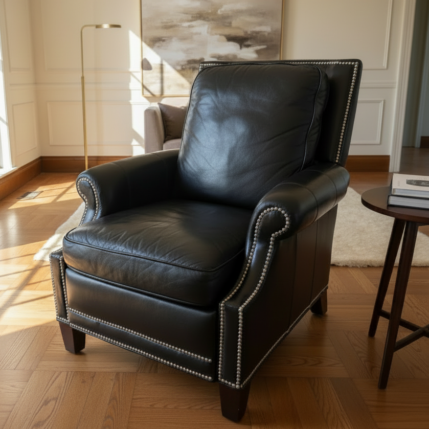 Motioncraft Henley Push Back Recliner Handsome Black Leather with Silver Nail Head Detail, Sku 033805