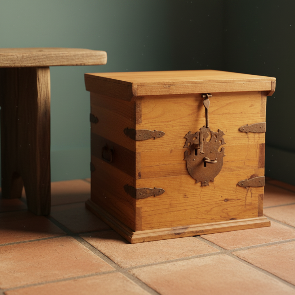 Rustic Hand Crafted Pine and Iron Hinged Box Sourced in Mexico, Sku 033811