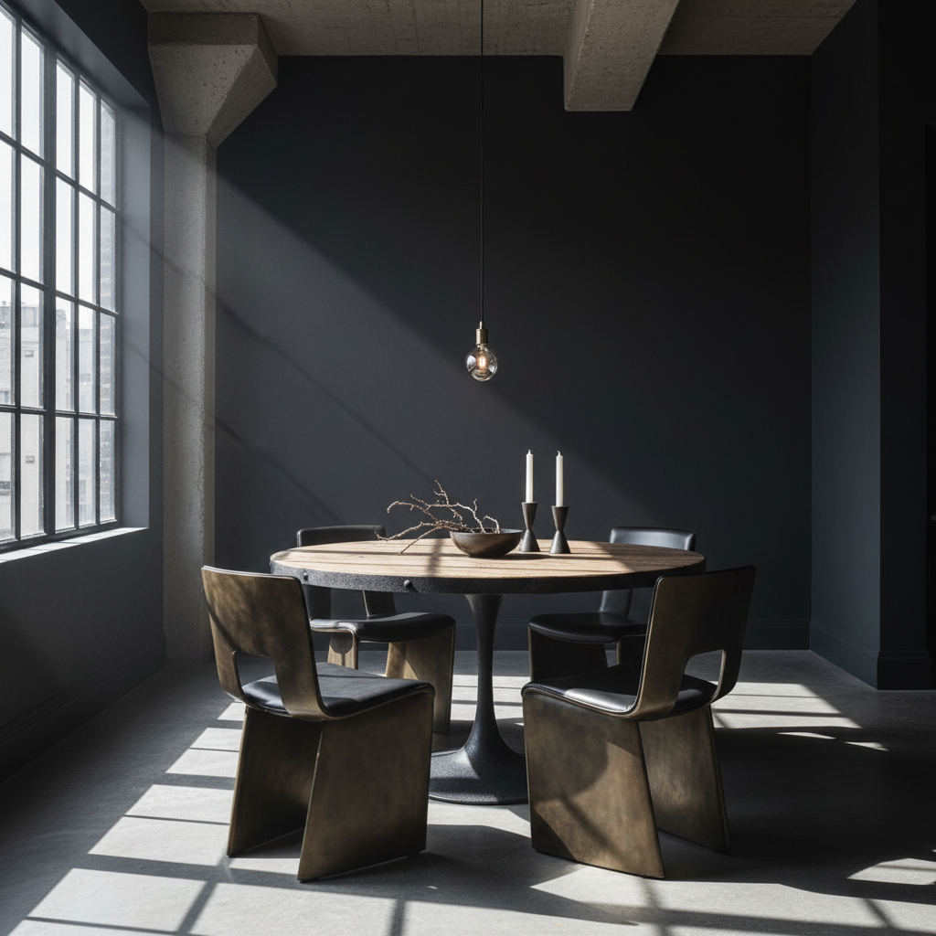 Four Hands Round Dining Table with Textured Tulip Base, Table Surface is Rough Hewn Wood Surrounded in Metal with Rivets, Sku 033836