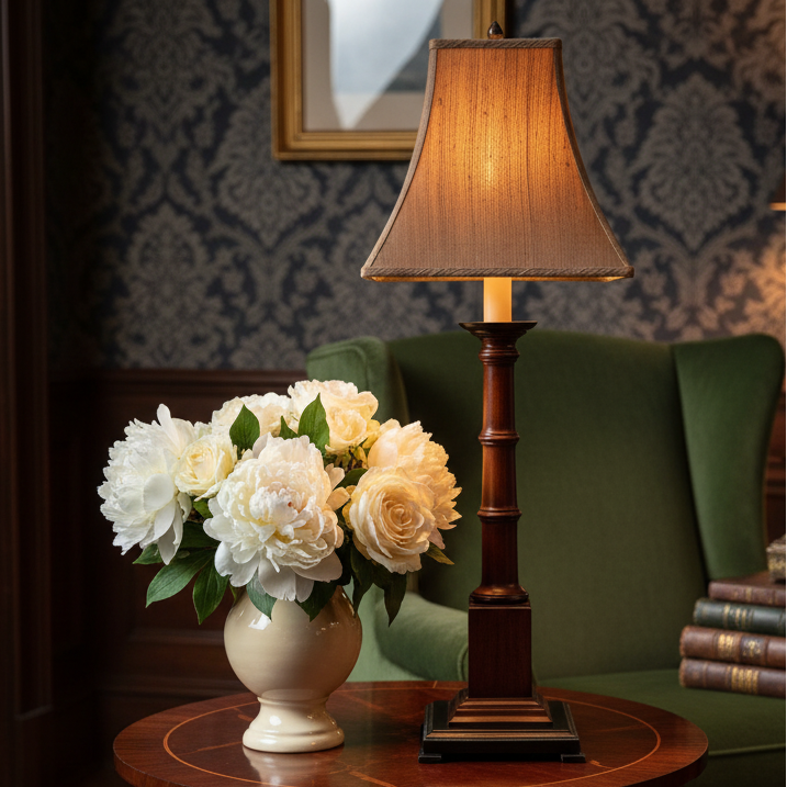 Turned Wood Column Lamp w/ Raw Silk Square Shade, Sku 033838