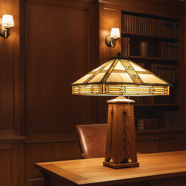 Square Mission Style Table Lamp Oak Base and Stained Glass Shade, Sku 033839