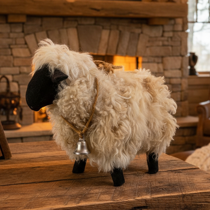 Handcrafted Wool Pelt Sheep with Rope and Bell, Sku 033843