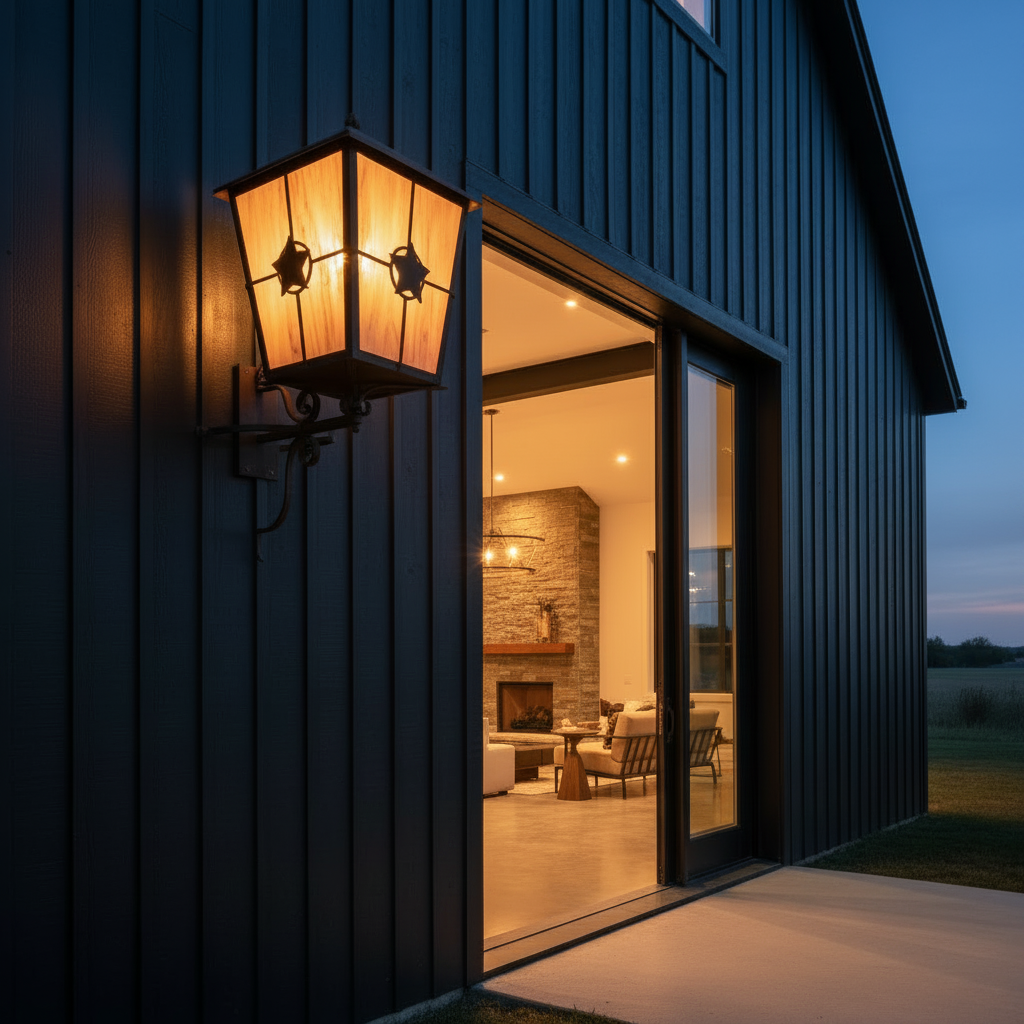 Custom Massive Exterior Lantern Sconces w/ Colored Glass & Lone Star Motif, Sku 033855