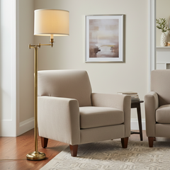 Brass Swing Arm Floor Lamp with Silk Drum Style Shade, Sku 033890
