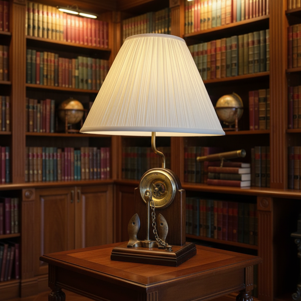 Nautical Inspired Table Lamp with Anchor & Meter w/ Wooden Base, Pleated Ivory Shade Included, Sku 033916