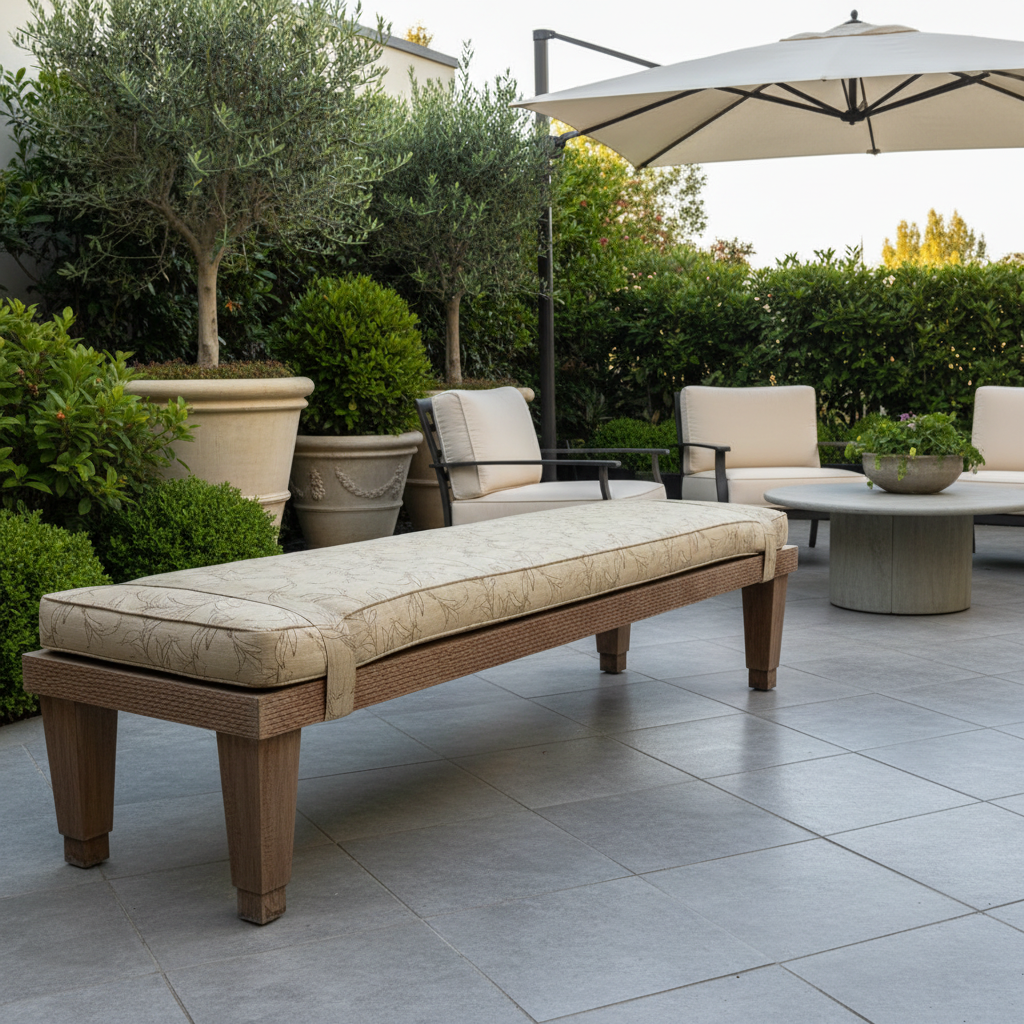 Hand Carved Teak Bench w/ Cushion, Sku 033943