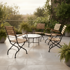 Janus et Cie Set of 5 Garden Chairs, 2 Arm and 3 Side Chairs, Wood and Steel, Foldable, Sku 033944