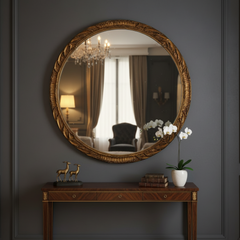 Gimbel Brothers Round Carved Wood Mirror with Dark Gilded Frame, Sku 033939