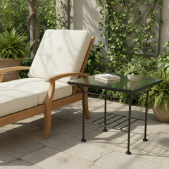 Steel and Glass Patio Table, Side or End.  Lower Shelf, Glass has a Ripple Texture, Sku 033945