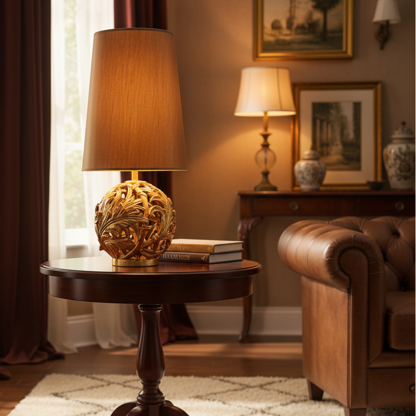 Brand New Gold Leaf Sphere Table Lamp w/ Gold Tapered Shade & Sphere Finial, Sku 033975
