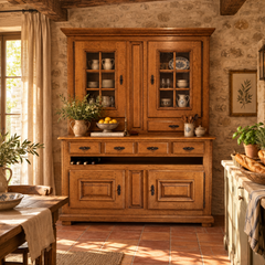 French Oak Hutch Made in Belgium, Rain Glass, 6 Drawers, Open Cubby, Sku 034004